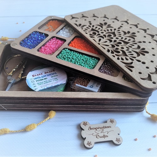 Wood Bead Organizer Box With Wooden Lid Beadwork Accessory Etsy