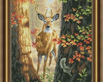 Cross stitch kit Forest deer animal cross stitch design modern cross stitch, Deer needlepoint kit, counted cross stitch, Forest embroidery