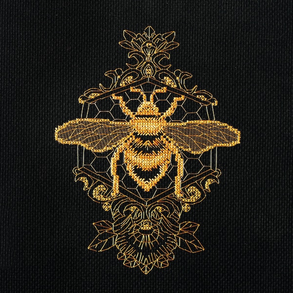 Golden Bee Needlepoint Kit: Blackwork Embroidery Pattern (5.4"x7.1")
