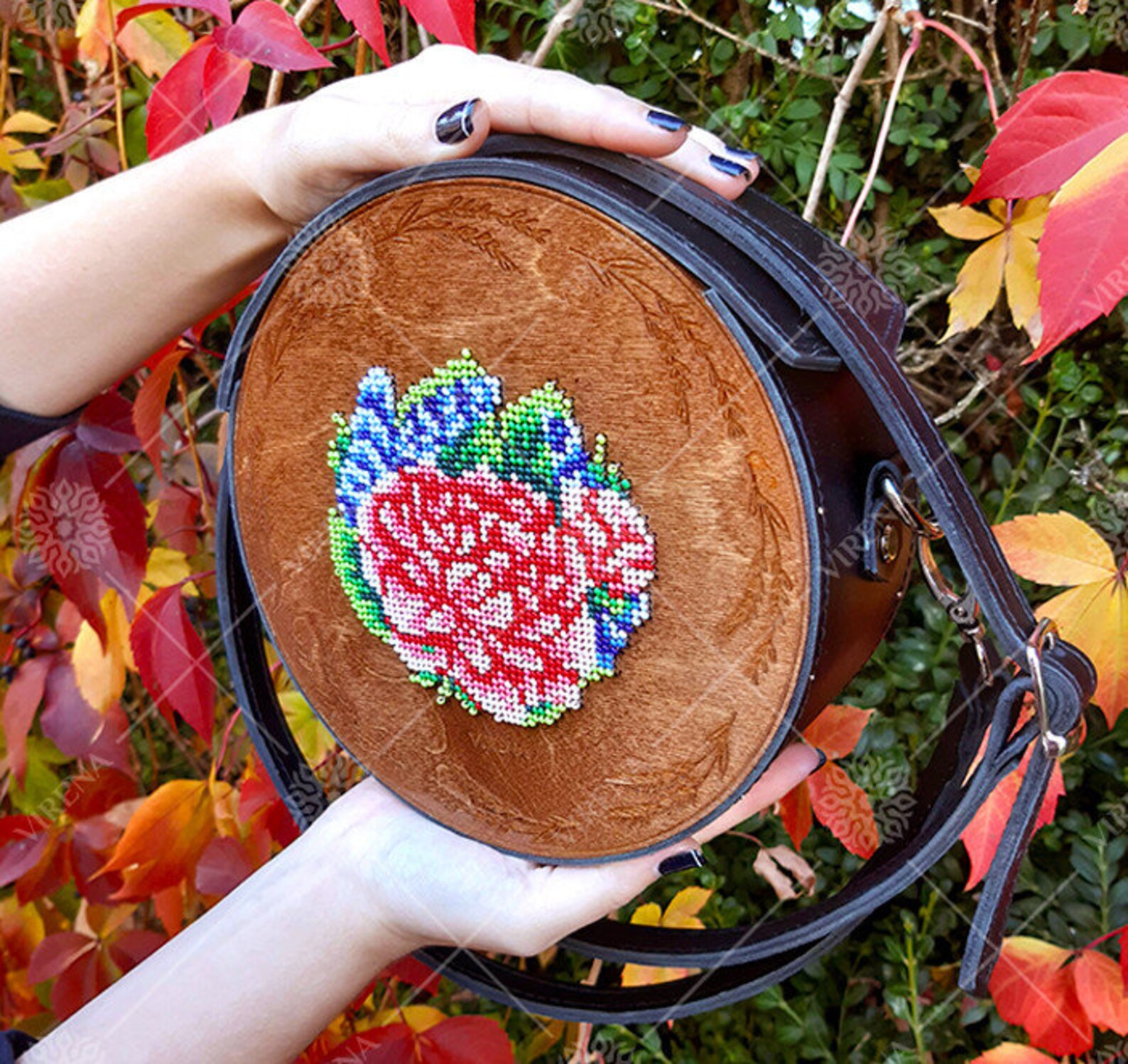 Circle Crossbody bag Genuine Leather for Women embroidery with Etsy