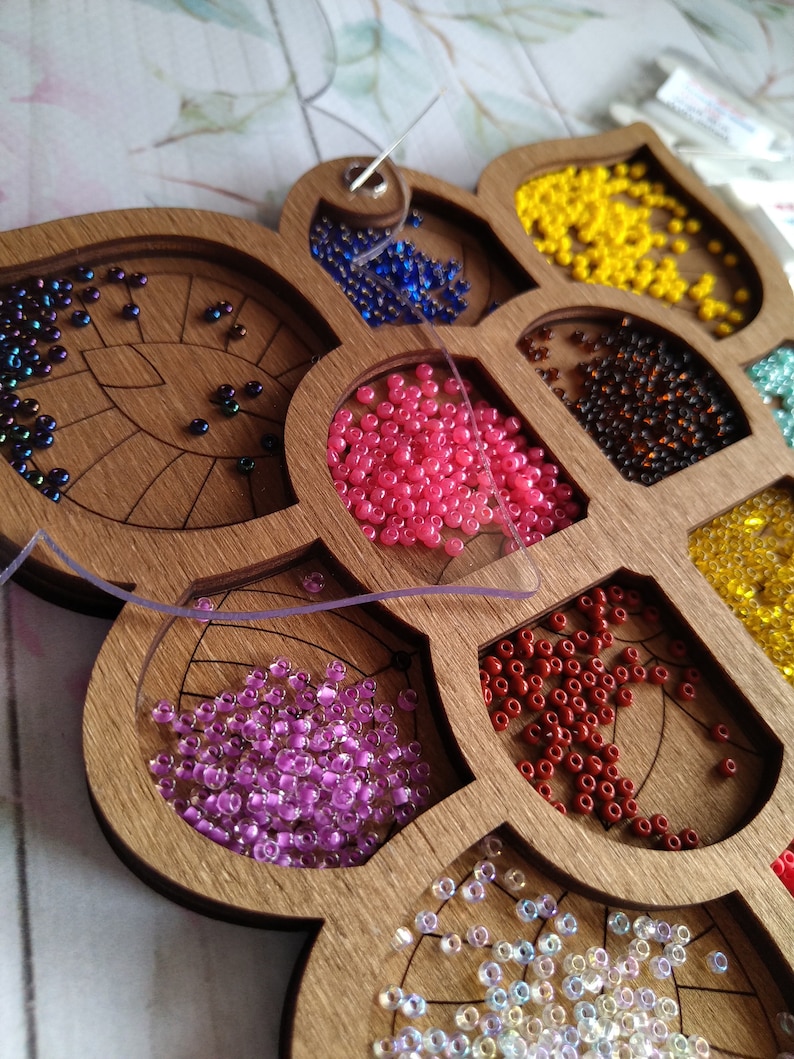 Wood Organizer Box for Beads With Needle Beadwork Etsy