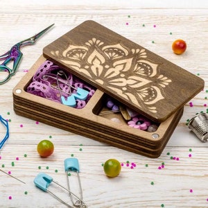 Wooden Organizer for Needlework and Sewing, Bead Storage Tray with Lid, Magnetic Needle Minder, Embroidery and Craft Supply Holder