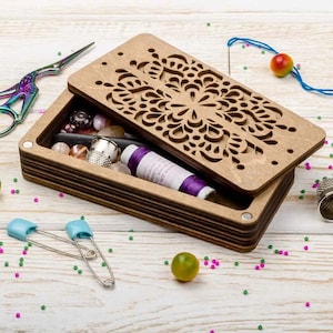 Wooden Organizer for Needlework and Sewing, Bead Storage Tray with Lid, Magnetic Needle Minder, Embroidery and Craft Supply Holder