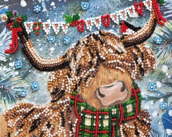 Bead embroidery kit Christmas bull Xmas needlework kit hand embroidery, winter embroidery, embroidery pattern, gift idea bead pattern AB02