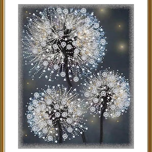 May include: Three white dandelion seed heads with black stems against a dark blue background. The seed heads are made of sparkling white beads, creating a shimmering effect.