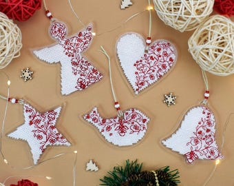 Set of 5 Christmas Ornament Cross Stitch Kit: Angel, Heart, Bird, Star, Bell DIY Decoration Set
