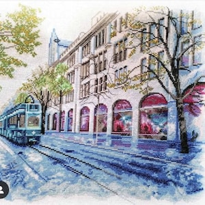 Cross stitch kit Tram in City Counted Cross Stitch Painting Trolley Car needlework kit Modern cross stitch needlepoint kit Nova Sloboda