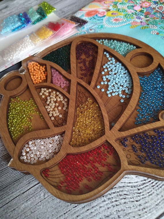 Wood Organizer Box for Beads With Needle Magnet Beadwork 