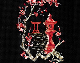 Cherry Blossom Cross Stitch Kit: Japanese Lantern Embroidery (4.3"x5.9")