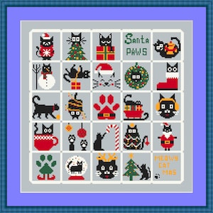 May include: A cross-stitch design featuring a grid of Christmas-themed cat illustrations. Each square showcases a different cat-themed holiday image, including a Christmas tree, Santa hat, paw prints, and the text "Santa Paws" and "Meowy Cat Mas".