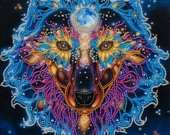 Bead embroidery kit Guardian Wolf Shaman animal bead embroidery fantasy needlepoint kit, hand embroidery, needlework kit embroidery pattern