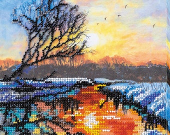 Winter Sunset Small Bead Embroidery Kit, Sun Dawn at River Side Beading Stitch Kit, Beaded Artwork embroidery Full Set DIY Gift Ideas AB03