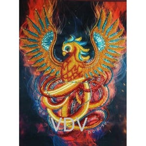 May include: A detailed, beaded artwork of a phoenix rising from flames. The bird features orange, yellow, and blue hues, with outstretched wings and flowing tail feathers. The background is a blend of red, orange, and blue, with the letters "VDV" at the bottom.