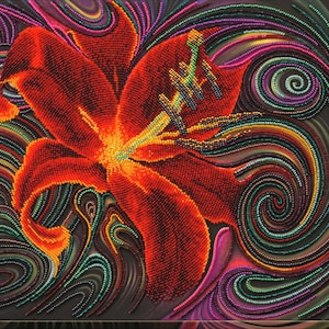 May include: A close-up of a red lily flower made of beads, with a swirling background of colorful beads.