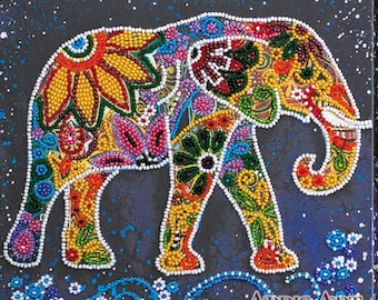 Colorful Indian Elephant Beading DIY Kit Modern Embroidery Art, Hand Embroidery Kit, Animal Beaded Artwork Set, Needlepoint Kit, AB03