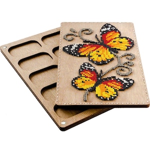 Wooden organizer for beads with lid for embroidery with butterflies,organizer for beads,accessory for embroidery with beads,holder for beads