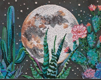 Bead embroidery kit Lunar Night in Desert Craft Moon needlework kit, hand embroidery Cactus embroidery pattern flower beading pattern AB09