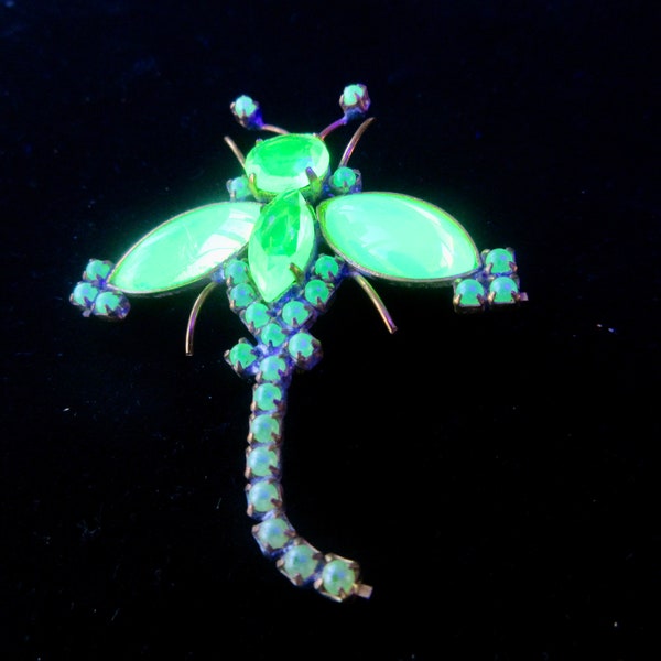 XL MAGNIFICENT Czech Glass Rhinestone Brooch Vaseline Uranium Dragonfly Glows in the Dark Signed Husar D  Don't Miss Opportunity to Own