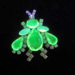 Czech Handmade Vaseline Uranium Glass Rhinestones  Bug with wow factor with a blue light..Signed an Collectable Brooch