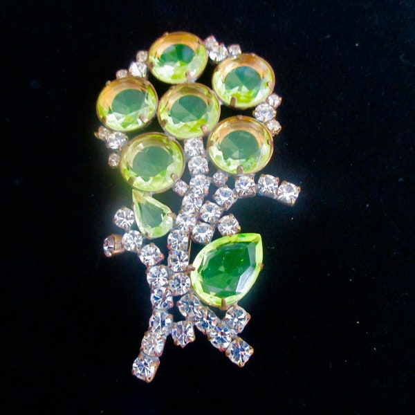 XL MAGNIFICENT Czech Vaseline Uranium Glass Rhinestone Brooch FLOWER Signed Husar D Glows in the dark Don't Miss Opportunity to Own