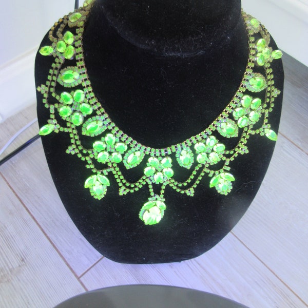 Czech Handmade Vintage ART DECO Vaseline Uranium  Rhinestone Glass Necklace Glows in Dark   Collectable Signed Husar D  Magnificent Buy Now!