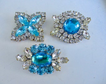 3 boutons en strass en verre de style vintage tchèque faits à la main Exceptionnel Cristal clair et turquoise Vraiment exceptionnel Doit acheter maintenant