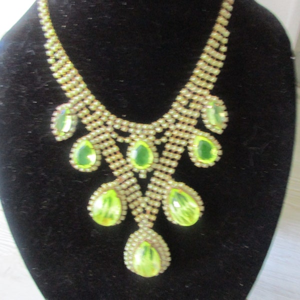 Vaseline Uranium Stunning Czech Collectable Vintage Style Rhinestone Glass Necklace Signed Husar D  Don't Miss Look at all the Glass Stones