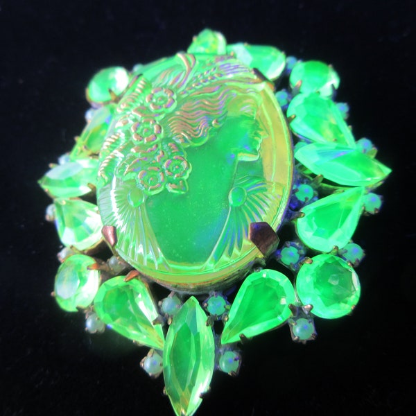 Vaseline Uranium XL Czech Vintage Style Rhinestone Glass Brooch GLOWS in the dark Signed Husar D Collectable Don't Miss opportunity to own