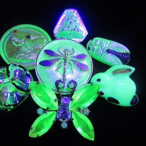 Puede incluir: Una colección de objetos decorativos verdes y morados brillantes, que incluyen una mariposa, una libélula, un conejo y otras formas. Los objetos están dispuestos sobre un fondo negro, creando un contraste llamativo.