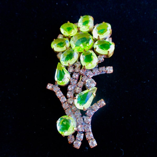 XL Czech Glass Rhinestone Vaseline Uranium Brooch FLOWER  Signed Husar D  Glows in the dark   Don't Miss Opportunity to Own this Beauty