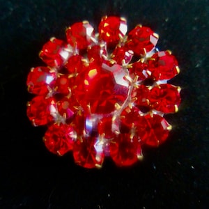 Puede incluir: Un broche de pedrería roja con diseño de flor. La pedrería está engastada en metal dorado.