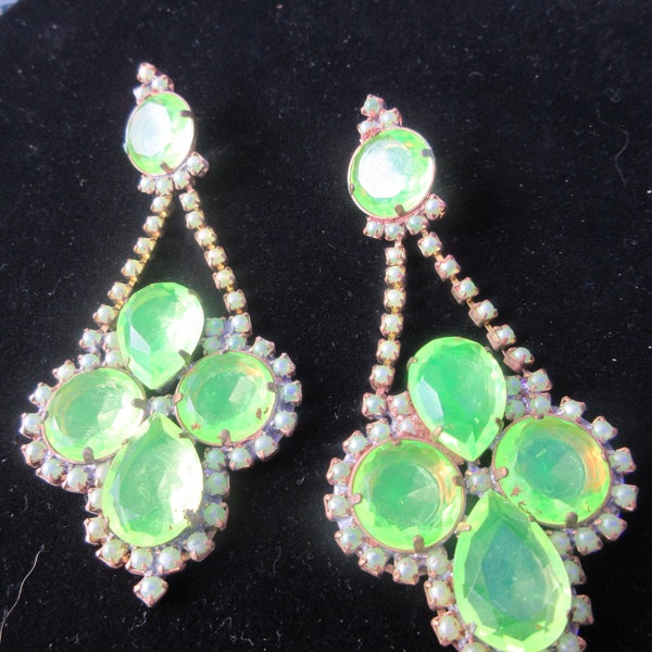 Gorgeous Czech Vintage Style Glass Rhinestone Pierced Earring's Vaseline Uranium Glows in the Dark Don't Miss Opportunity to Own This Pair