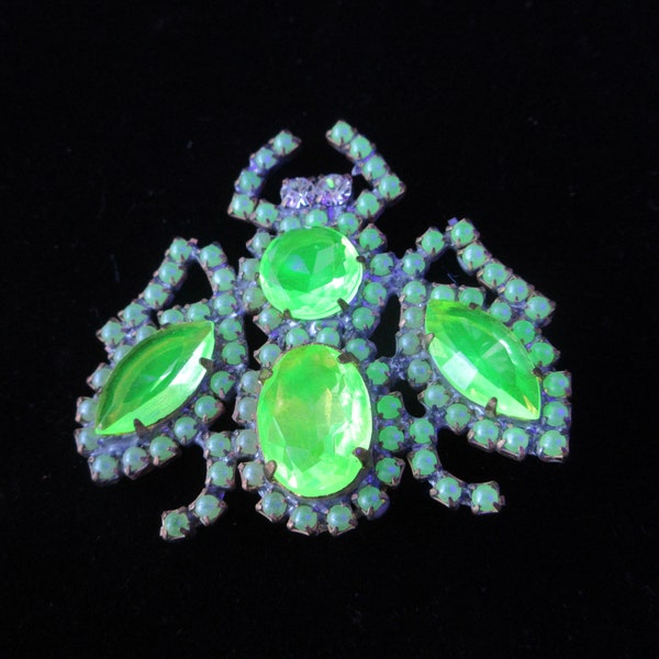 Czech Vintage Style Glass Rhinestone Vaseline Uranium  Brooch Signed by Husar D Glows in the Dark Don't Miss Opportunity to Own this Beauty