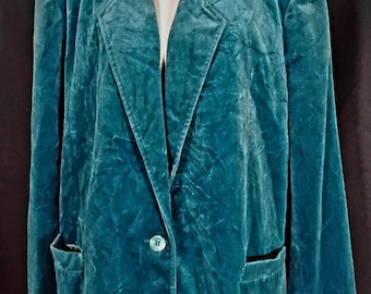 Vtg Koret Women’s Velvet Blazer BLUE 80s 90s Jacket Sz 44 Rayon Cotton USA Union Label
