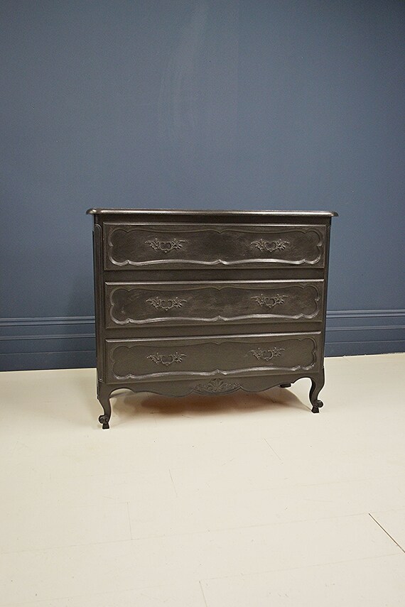 Vintage French Louis X V Painted Black Chest Of Drawers Free Etsy