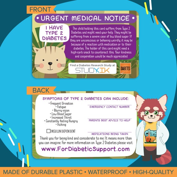 Child Type 2 Diabetes Emergency Card Etsy