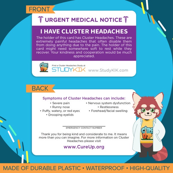 Cluster Headaches Card, Cluster Headaches Emergency Card, Cluster Headaches Medical Card, Cluster Headaches Alert Card