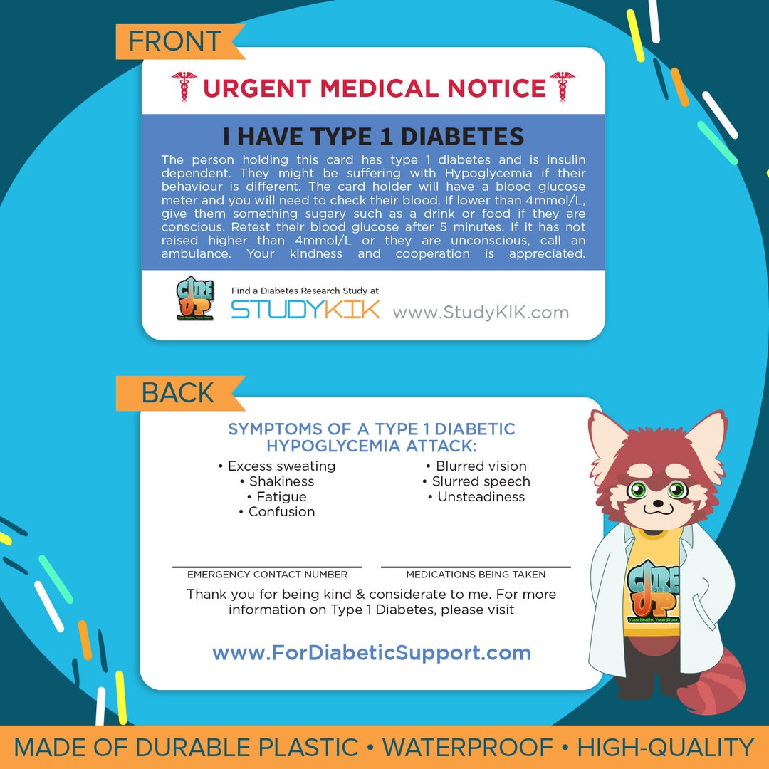 Type 1 Diabetes Card, Type 1 Diabetes Emergency Card, Type 1 Diabetes