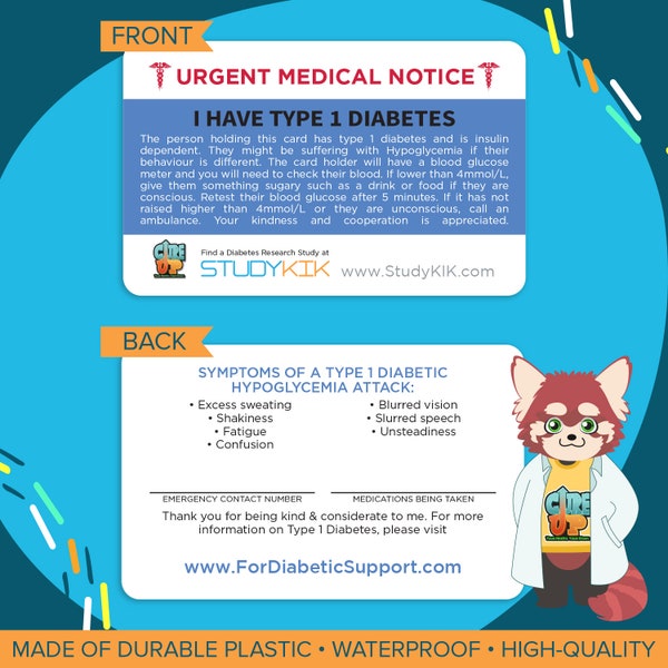 Type 1 Diabetes Card, Type 1 Diabetes Emergency Card, Type 1 Diabetes Medical Card, Type 1 Diabetes Alert Card