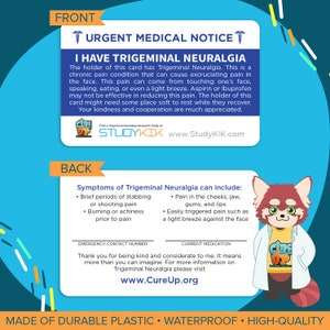 Trigeminal Neuralgia Sclerosis Card, Trigeminal Neuralgia Emergency Card, Trigeminal Neuralgia Medical Card, Trigeminal Neuralgia Alert Card