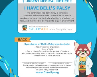 Bell’s Palsy Card, Bell’s Palsy Emergency Card, Bell’s Palsy Medical Card, Bell’s Palsy Alert Card