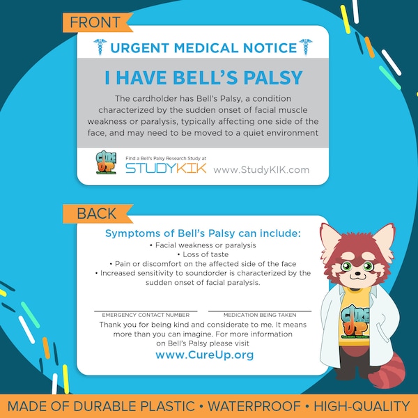 Bell’s Palsy Card, Bell’s Palsy Emergency Card, Bell’s Palsy Medical Card, Bell’s Palsy Alert Card