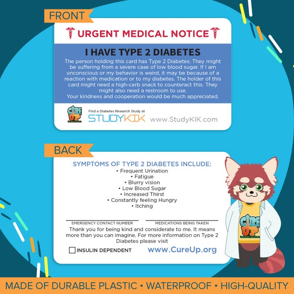 Type 2 Diabetes Card, Type 2 Diabetes Emergency Card, Type 2 Diabetes Medical Card, Type 2 Diabetes Alert Card