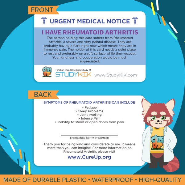 Rheumatoid Arthritis Card, Rheumatoid Arthritis Emergency Card, Rheumatoid Arthritis Medical Card, Rheumatoid Arthritis Alert Card, RA Card