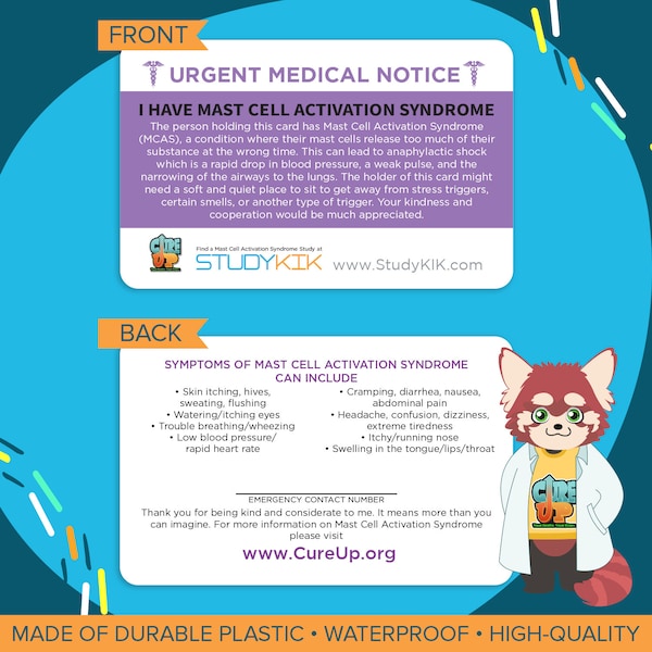 Mast Cell Activation Syndrome Card, Mast Cell Activation Syndrome Emergency Card, MCAS Card, MCAS Emergency