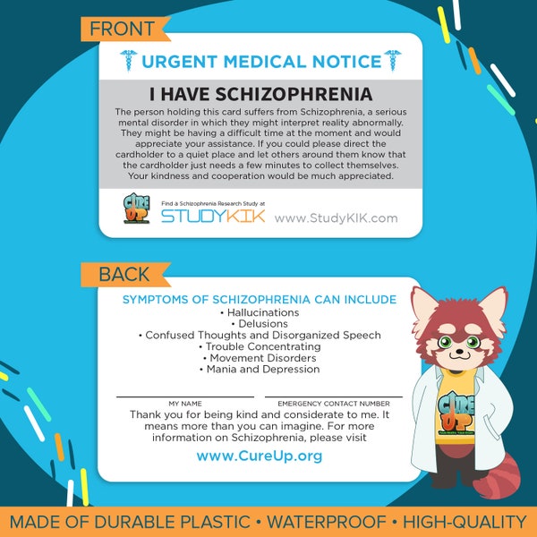 Schizophrenia Card, Schizophrenia Emergency Card, Schizophrenia Medical Card, Schizophrenia Alert Card