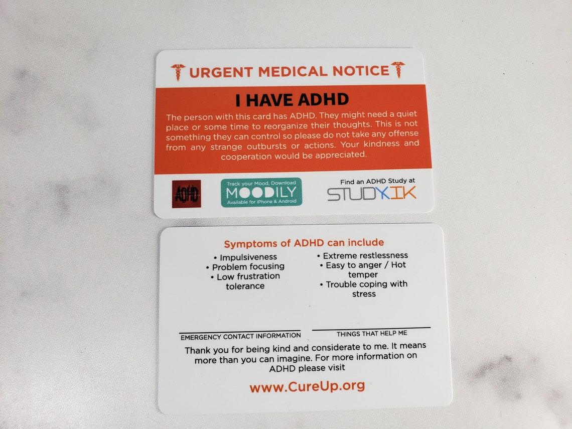 ADHD Card ADHD Emergency Card ADHD Medical Card Attention Etsy
