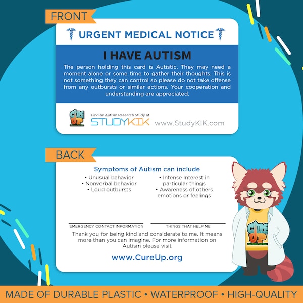 Autism Card, Autism Emergency Card, Autism Medical Card, Autism Alert Card