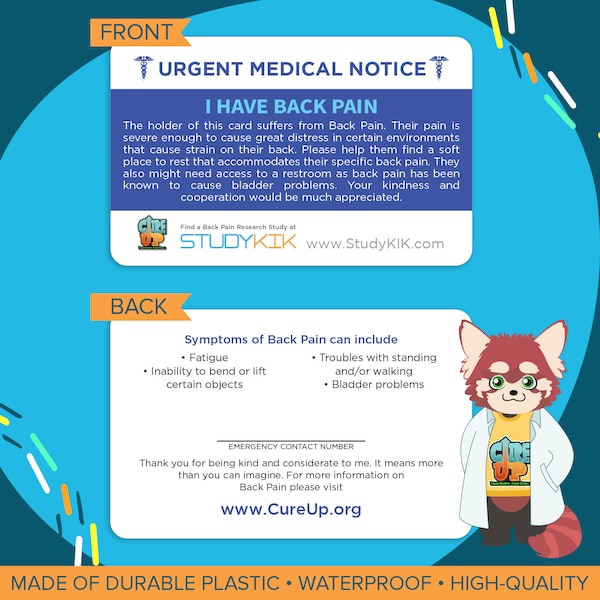 Back Pain Card, Back Pain Emergency Card, Back Pain Medical Card, Back Pain Alert Card