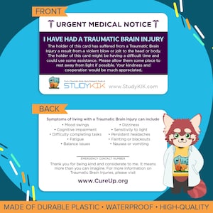 Traumatic Brain Injury Card, Traumatic Brain Injury Emergency Card, Traumatic Brain Injury Medical Card, Traumatic Brain Injury Alert Card